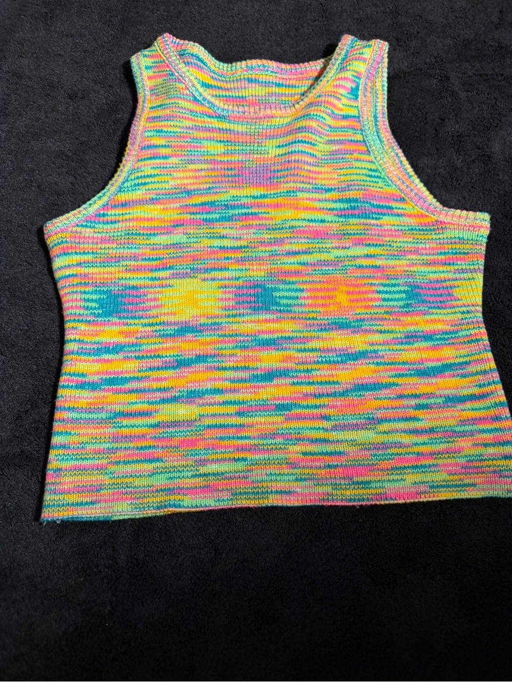 Y2K Rainbow Knit Crop Tank Top Space Dye Multicolor Festival High Neck Size L